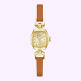 Bulova Watch Goddess of Time - Jackie 97L202 women’s gold-tone rectangular watch with a cream face and tan leather strap.