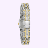 The Bulova Watches Goddess of Time Sophia 98P237 features a gold and silver stainless steel band with a rectangular face, shown from the back to display its elegant bracelet and clasp against a light background.