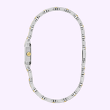 The Bulova Watches Goddess of Time Sophia 98P237 features a slim gold and silver stainless steel case with a linked metal band, shown from the side to highlight its thin profile against a light purple background.