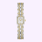 The Bulova Watches Goddess of Time Sophia 98P237 features a rectangular silver and gold stainless steel band, a white face with gold hour marks, and a small crown on the right side, shown on a light background.