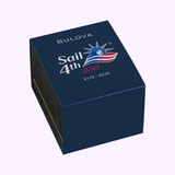 A blue Bulova Watches box featuring the Sail 4th 250, an American flag-inspired logo, and the years 1776-2026 printed on the lid celebrates the U.S. Semiquincentennial. This special edition packaging commemorates the Bulova Watch HNBR Rubber Snorkel 98B474 Special Edition, renowned for its durable HNBR rubber strap and timeless design.