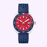 The Bulova Watches Snorkel 98B474 Special Edition features a vibrant red dial, white hour markers, date at 3 o’clock, blue bezel, silver case, and textured HNBR rubber strap, displayed on a light background.