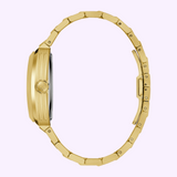Side profile view of a gold-tone stainless steel Bulova Watch Maquina 97A207 men’s watch with a link bracelet and a crown featuring a logo.