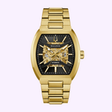 Gold-tone Bulova Watch Maquina 97A207 men’s automatic skeleton watch with an exposed movement, black dial, and integrated link bracelet.