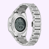 Silver-tone stainless steel Bulova Watch Marc Anthony Surveyor 96A346 showing an exhibition case back with a visible automatic movement.
