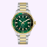 Bulova Watch Marine Star 98b467 analog wristwatch featuring a green dial, gold-tone accents, and a two-tone silver and gold stainless steel link bracelet.