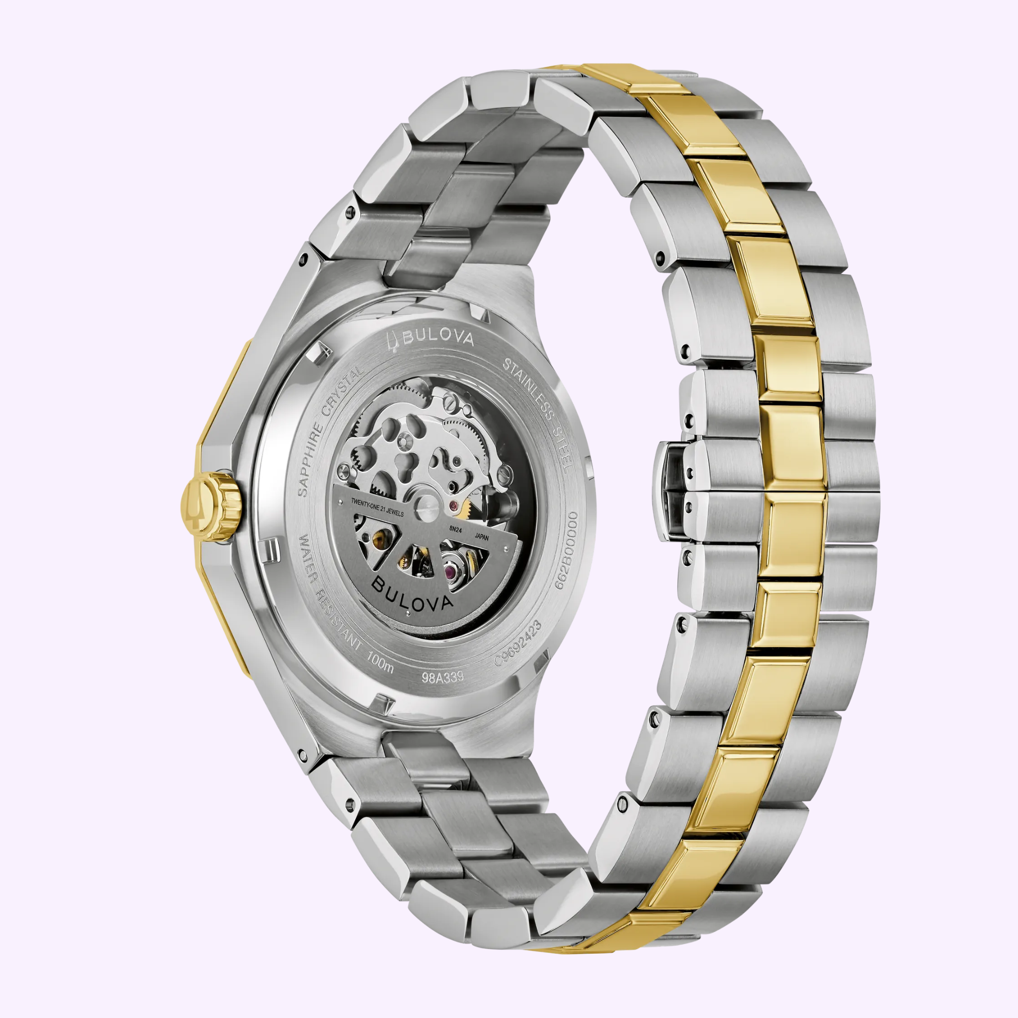 A close-up of the Bulova Watch Prestige Automatic 98A339 by Bulova Watches, featuring a gold and silver-tone stainless steel bracelet, with a transparent case back showcasing its visible automatic movement.