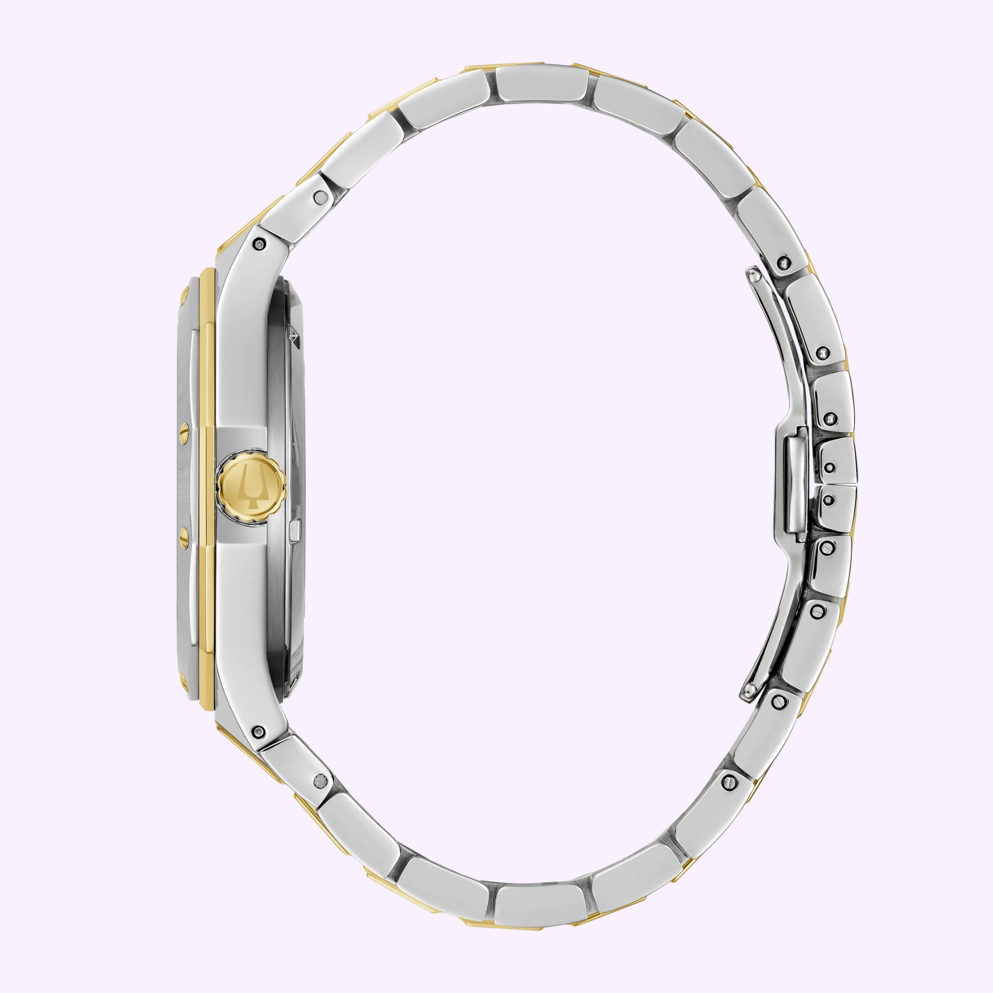 Side view of the Bulova Watch Prestige Automatic 98A339 by Bulova Watches, with a gold and silver-tone stainless steel link band and round crown, set against a pale purple background.