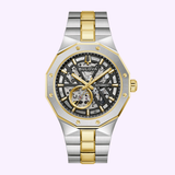 The Bulova Watches Prestige Automatic 98A339 men's watch features a gold and silver-tone stainless steel band, a skeleton dial revealing its mechanics, and elegant gold accents on the bezel and hands.