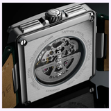 Close-up of the Bulova Watches Series X Automatic 98A343, highlighting its square stainless steel case back, see-through skeletonized automatic movement, and elegant leather strap.