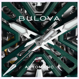 Close-up of the Bulova Watches Series X Automatic 98A343 face, showing large white hands, green geometric accents, a visible skeletonized movement, and the words BULOVA and AUTOMATIC on the dial.