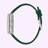 Side view of the Bulova Watch Series X Automatic 98A343 by Bulova Watches, featuring a silver case and dark green leather strap. The crown and buckle are visible against a light purple background.