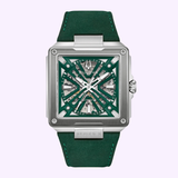 The Bulova Watches Series X Automatic 98A343 is a square silver men’s watch with a green skeleton dial, green leather strap, and visible automatic movement, offering stylish silver hour and minute hands.