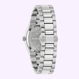 The Bulova Watches Super Seville Magnesite 96A344 is shown from the back, highlighting its stainless steel bracelet, engraved caseback with details, brushed finish, deployment clasp, and Precisionist movement.