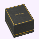 Black rectangular watch box for a Bulova Watch Surveyor 69A345, featuring gold trim and gold lettering on the lid and front base.