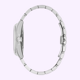 Side profile of a silver-tone Bulova Watch Surveyor 69A345 men’s automatic watch featuring a metal link bracelet.