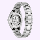 Silver-tone Bulova Watch Surveyor 69A345 men’s automatic watch featuring an exhibition case back that reveals the internal mechanical movement and a linked bracelet.