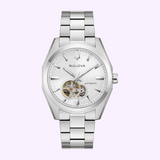 Silver-tone Bulova Watch Surveyor 69A345 men’s automatic watch with a white dial, featuring an open heart movement and a metal link bracelet.