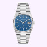 The Bulova Watches 96B440 Super Seville Men’s watch has a silver case, blue dial with silver markers, date window at 3 o’clock, metal link band, Precisionist tech, and displays 262 kHz. UPC: 042429599789.