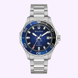 The Bulova Watches Marine Star Series B 98B466 is a men’s automatic watch featuring a blue gradient dial, silver hour markers, date at 3 o’clock, blue bezel with minute indicators, stainless steel bracelet, and 200m water resistance.