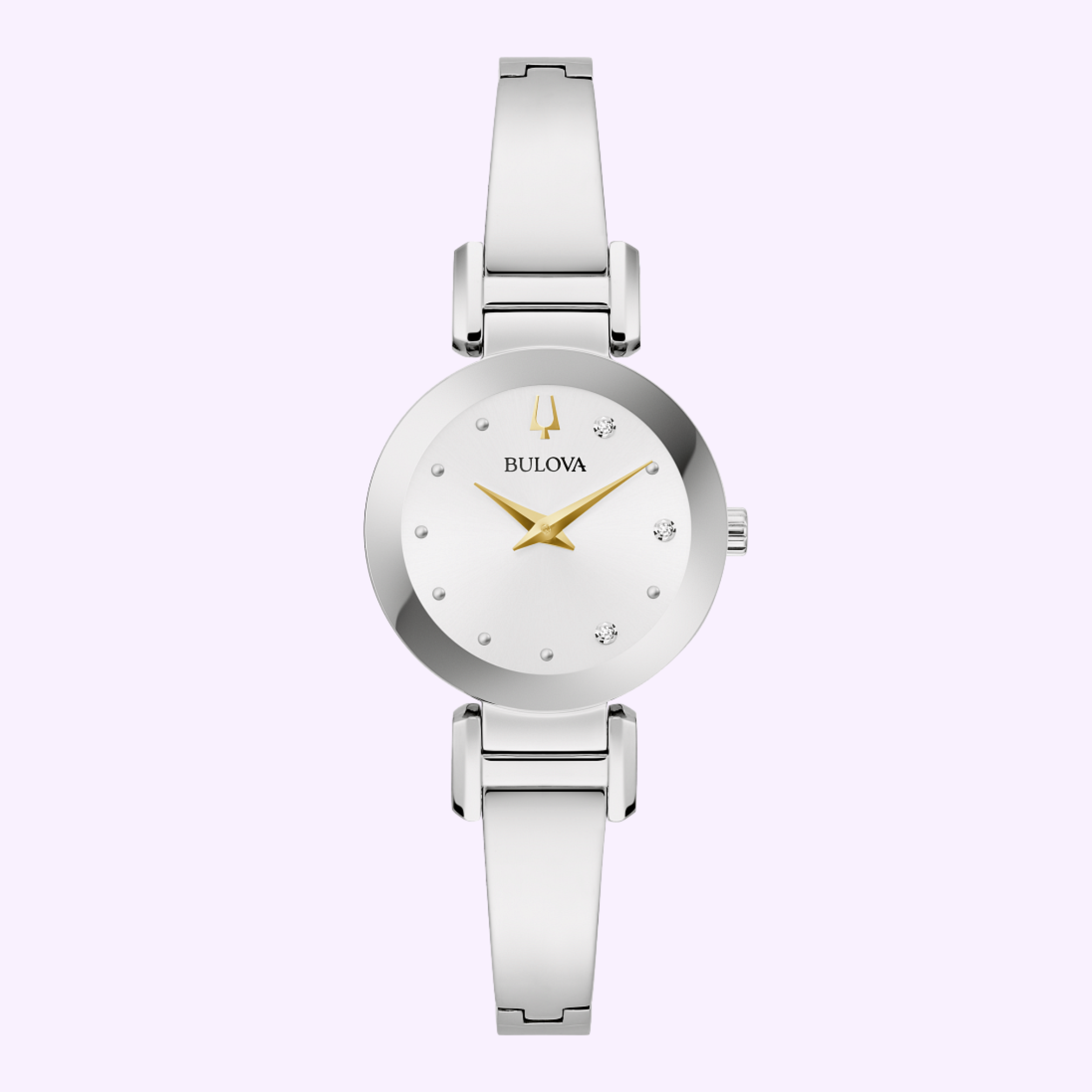 The Bulova Watches Modern 96P241, a silver ladies' bangle watch with a round white face, gold hands, crystal markers, and a slim metal band, is displayed on a light lavender background.