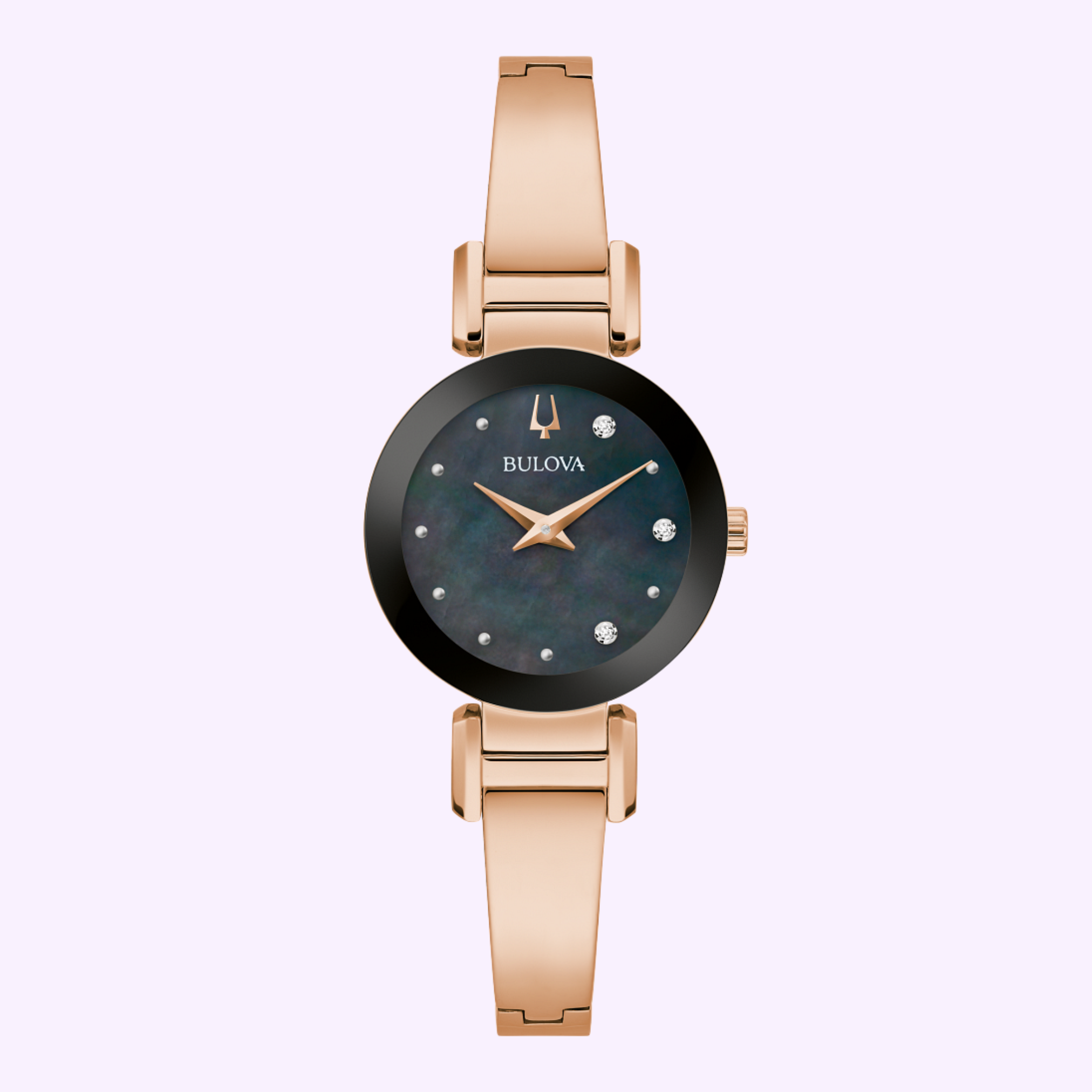 The Bulova Watches Modern 97P163 for women features a rose gold tone, diamond mother-of-pearl dial, minimalistic design, and crystal hour markers, elegantly displayed on a light lavender background.