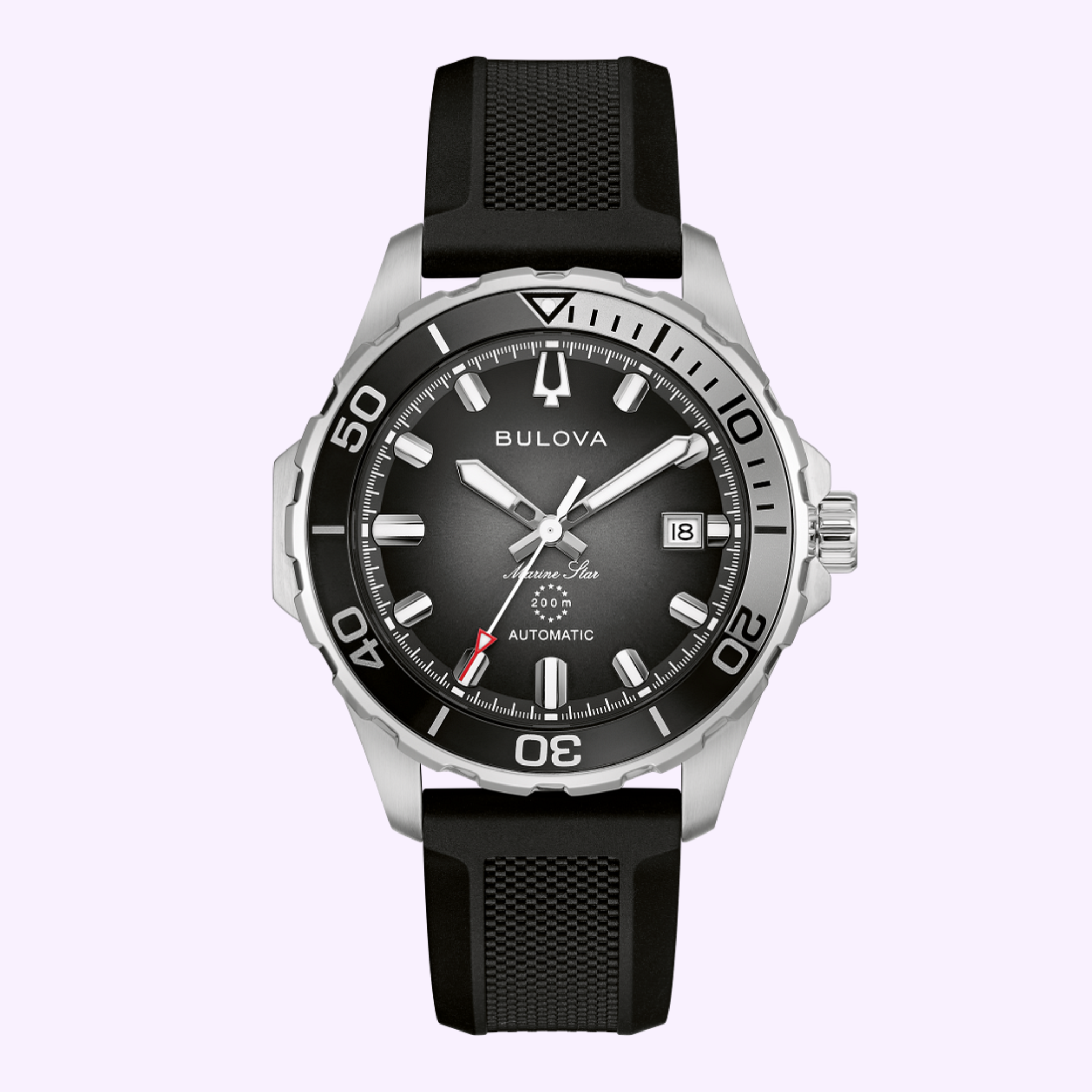 The Bulova Watches Marine Star 98B465 is a silver and black men’s dive watch with a black rubber strap, silver bezel, black dial, luminous markers, date display, and “Automatic” on the face, shown on a light purple background.