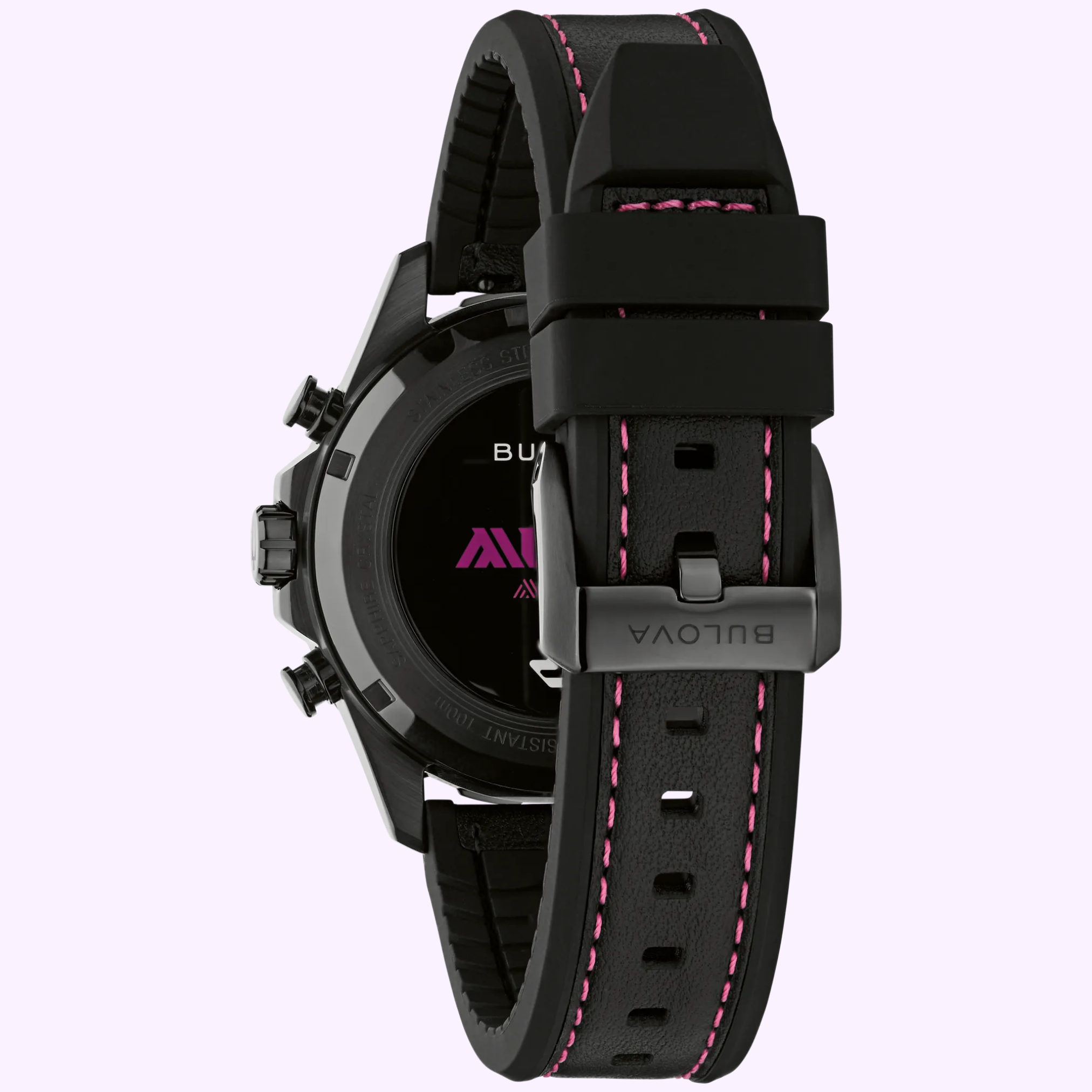 Back view of the Bulova Watches E1 Team Miami 98B476 wristwatch in black, featuring a black strap with pink stitching and a metal clasp engraved with Bulova. The round case includes visible side buttons, blending modern detailing inspired by electric boat racing watch designs—making it a standout accessory for any adventure.