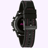 Back view of the Bulova Watches E1 Team Miami 98B476 wristwatch in black, featuring a black strap with pink stitching and a metal clasp engraved with Bulova. The round case includes visible side buttons, blending modern detailing inspired by electric boat racing watch designs—making it a standout accessory for any adventure.