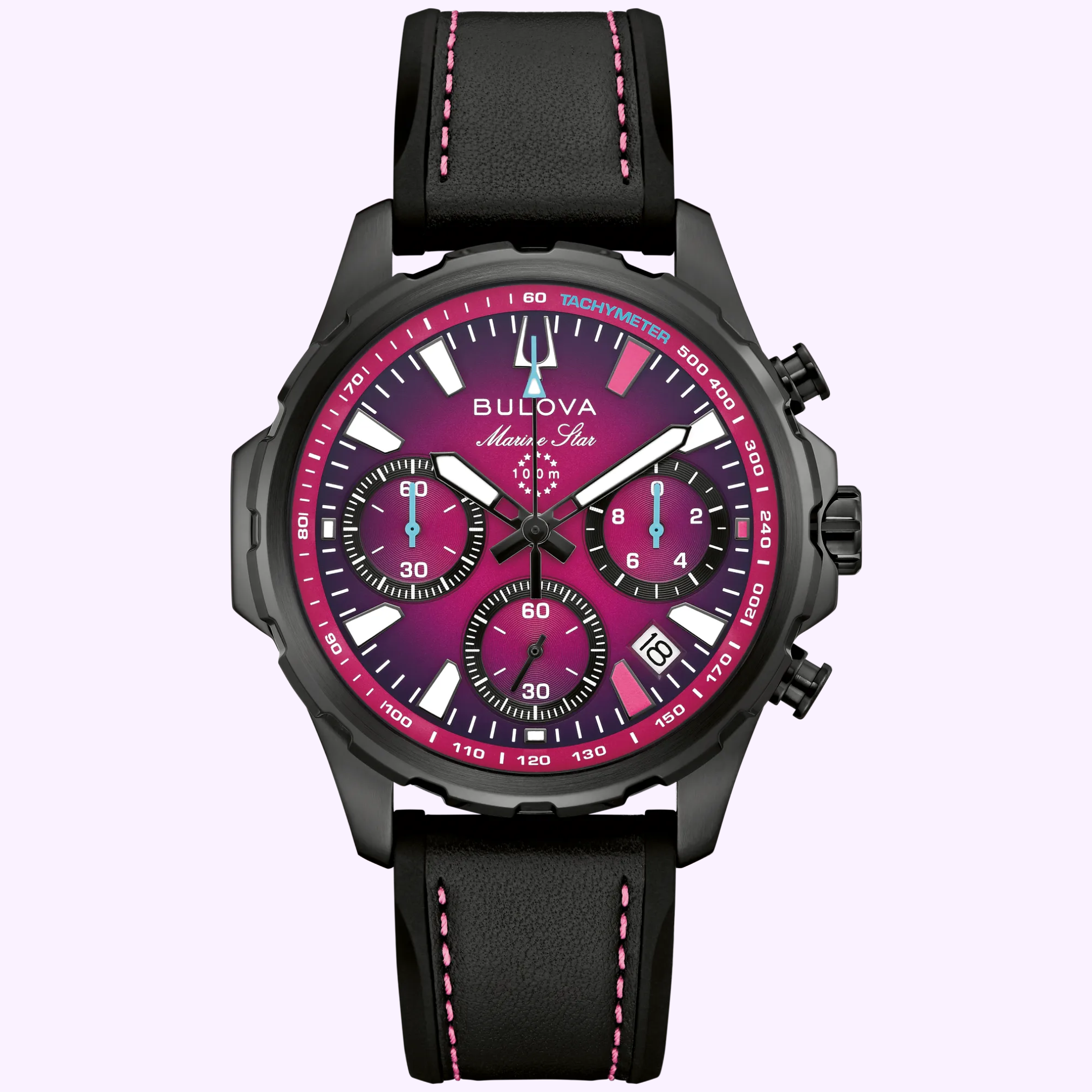 The Bulova Watch E1 Team Miami 98B476 by Bulova Watches (UPC: 042429609013) is a Marine Star chronograph featuring a black case, black leather strap with bold pink stitching, and a striking magenta ombre dial accented by three subdials and a date window—an electric boat racing-inspired timepiece celebrating the spirit of the Bulova Watch E1 Team Miami.