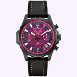 The Bulova Watch E1 Team Miami 98B476 by Bulova Watches (UPC: 042429609013) is a Marine Star chronograph featuring a black case, black leather strap with bold pink stitching, and a striking magenta ombre dial accented by three subdials and a date window—an electric boat racing-inspired timepiece celebrating the spirit of the Bulova Watch E1 Team Miami.