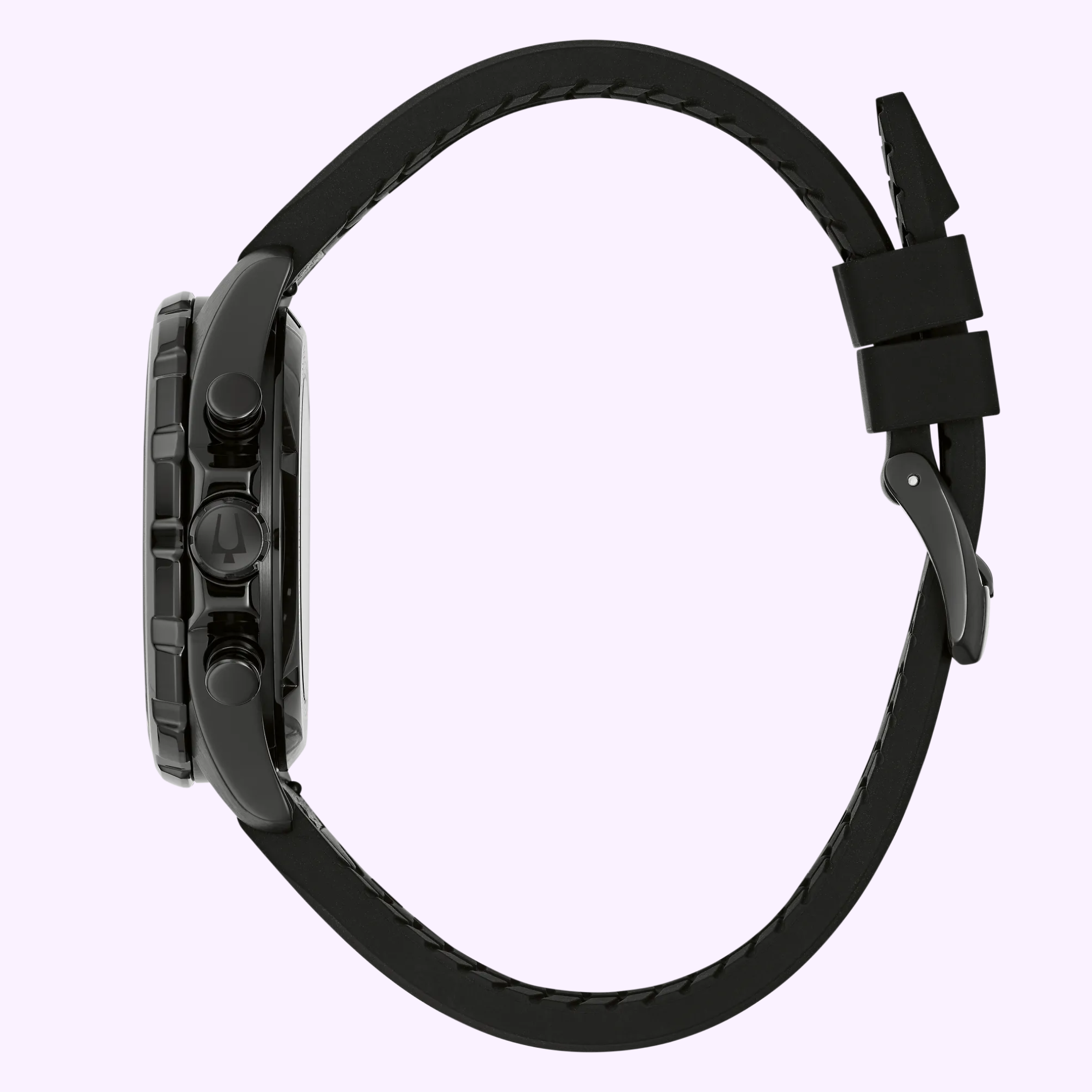 A side view of a black Bulova Watches E1 Team Miami 98B476 wristwatch, featuring a round case, two buttons, and a buckled black strap, is displayed against a light purple background.