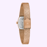 Rose gold-tone Bulova Watches Goddess of Time - Tiger’s Eye 97L185 women’s watch with a textured mesh bracelet and a view of the case back.