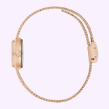 Side view of a rose-gold-tone Bulova Watches Goddess of Time - Tiger’s Eye 97L185 watch featuring a thin link bracelet and a small clasp.