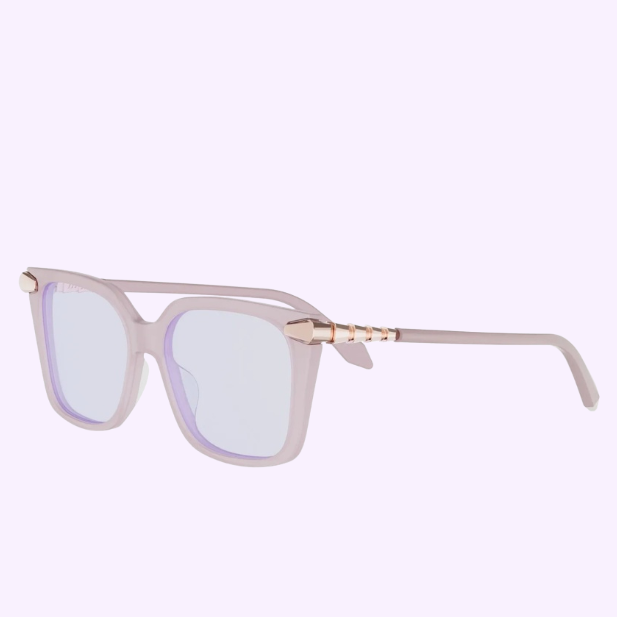 Square, translucent light pink Bvlgari Optical Frames BV50061I 53072 sunglasses with gold temple accents by Bvlgari Sunglasses, displayed on a pale lavender background.