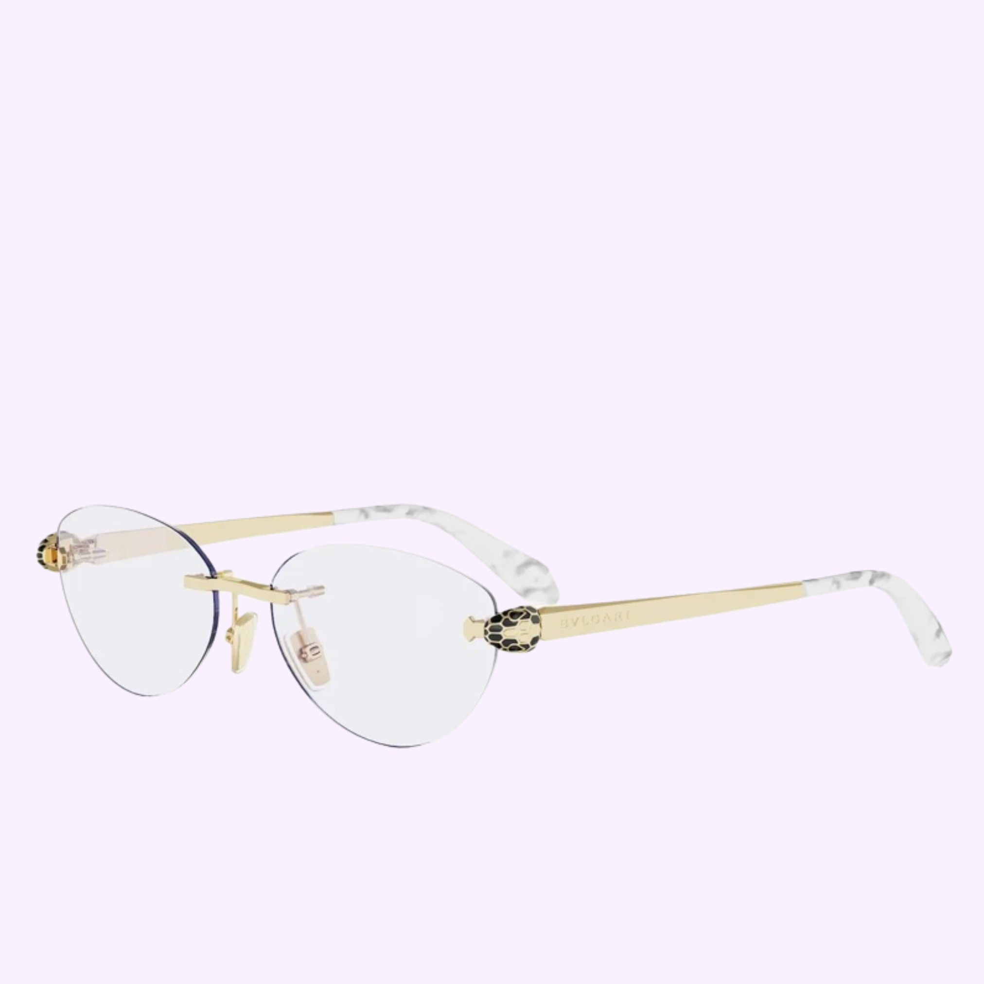 Bvlgari Optical Frames BV50072U 56033 by Bvlgari Sunglasses: Gold-rimmed rimless aviator eyeglasses with clear lenses, marble-patterned white and gray temple tips, and a decorative emblem on the arms, shown on a light purple background.