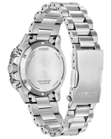 The image shows the back view of a Citizen Watches CA4664-60W Promaster Navihawk, featuring a silver stainless steel bracelet, a clasp engraved with CITIZEN, and detailed engravings on the case back.