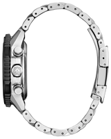 Side view of the Citizen Watches CA4664-60W Promaster Navihawk (UPC: 013205169595) with a stainless steel link band, two buttons, and a textured crown on the left side, displayed against a plain white background.