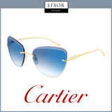 Cartier CT0032RS 002 60 Women Sunglasses by Cartier Sunglasses feature blue gradient lenses and gold frames for a luxurious look. Displayed on white, the Lexor Miami logo tops the image with Cartier in elegant red script at the bottom.
