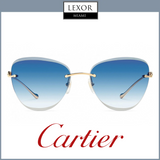 Cartier CT0032RS 002 60 Women Sunglasses feature rimless blue gradient lenses and gold temples, displayed on a white background. The Lexor Miami logo appears above, with the Cartier Sunglasses logo below the luxury eyewear.