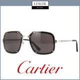 The image displays Cartier CT0194S 001 58 Unisex Sunglasses with square black lenses and silver frames. The Lexor Miami logo is at the top, and the red Cartier Sunglasses logo appears at the bottom, highlighting luxury eyewear.