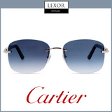 Cartier CT0227S 003 58 Unisex Sunglasses with blue gradient lenses are centered above a large red Cartier logo. A black and white Lexor Miami logo appears at the top. The white background with a light blue border highlights the luxury eyewear.