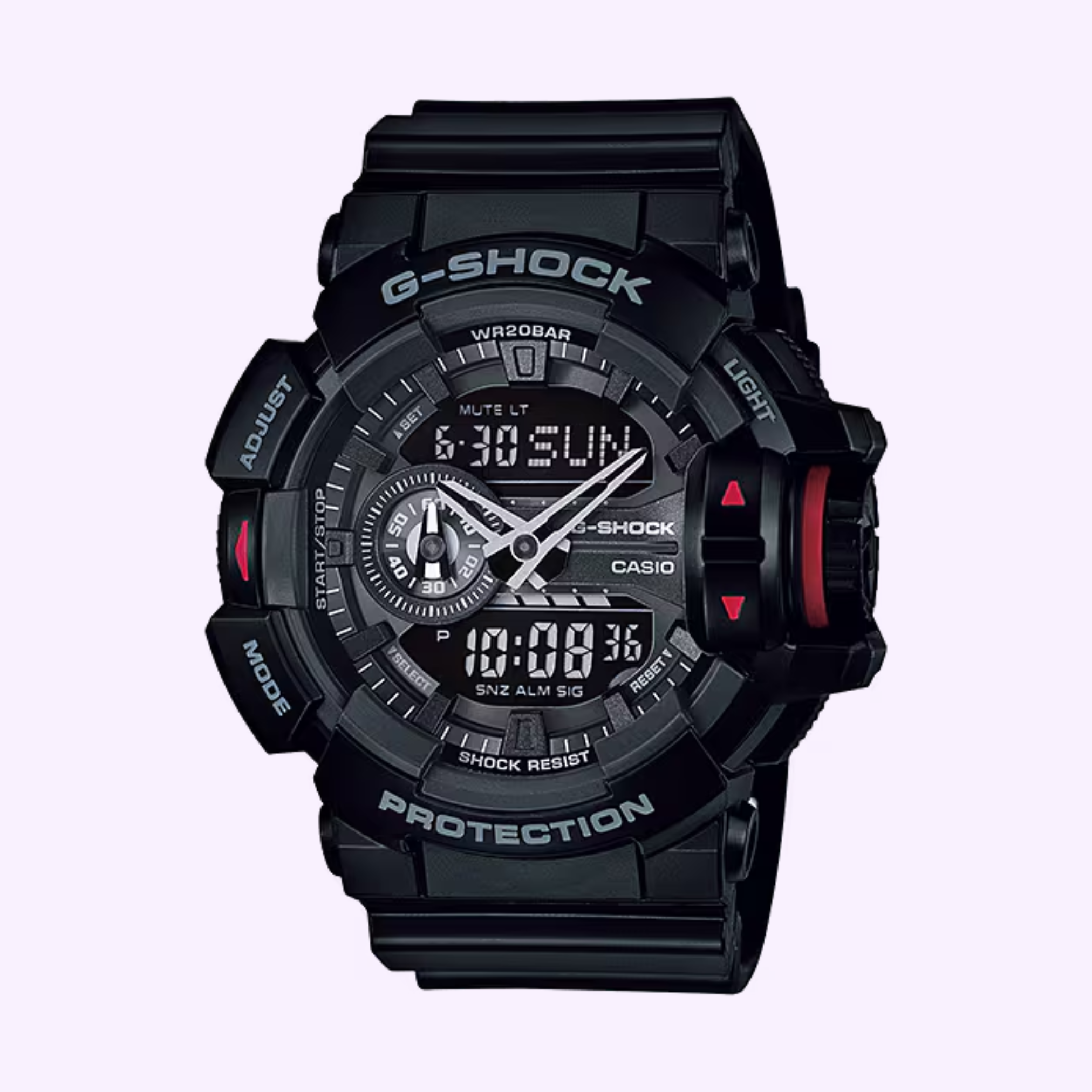 The G-Shock Watches CASIO G-Shock Watch ANALOG-DIGITAL GA400-1B is a black, rugged analog-digital watch featuring time, date, and function buttons labeled Adjust, Mode, Light, and Protection.