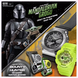 Promotional image for "The Mandalorian and Grogu" features the Mandalorian, Grogu, a Star Wars Grogu watch, G-Shock Watches' BA-110 SERIES BA-130YK-3ASW, Bounty Hunter ID card, watch stand. The film is in theaters May 22, rated PG-13.