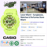 A neon green CASIO G-Shock Watch BA-110 SERIES BA-130YK-3ASW appears next to a Google Maps listing for Lexor Miami, a 5-star shop selling sunglasses, watches, and perfumes, with store interior and contact details visible.