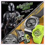 A promotional image for The Mandalorian and Grogu features the Mandalorian, Grogu, themed merchandise such as a G-Shock Watches CASIO G-STEEL GM-2100-1ASW watch, a Bounty Hunter ID card, and a watch stand. Movie release date: May 22.