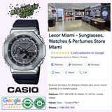 A CASIO G-Shock Watches GM-2100 Series GM-2100-1ASW is pictured beside the Lexor Miami store exterior, a sunglasses and watch retailer, with Google listing and rating details also visible.