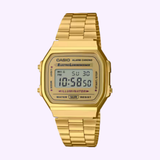 The G-Shock Watches CASIO Watch A168WG-9VT features a rectangular display showing 10:58:50 and Sunday 30, with alarm, chronograph, and illumination functions, paired with a sleek gold metal band.