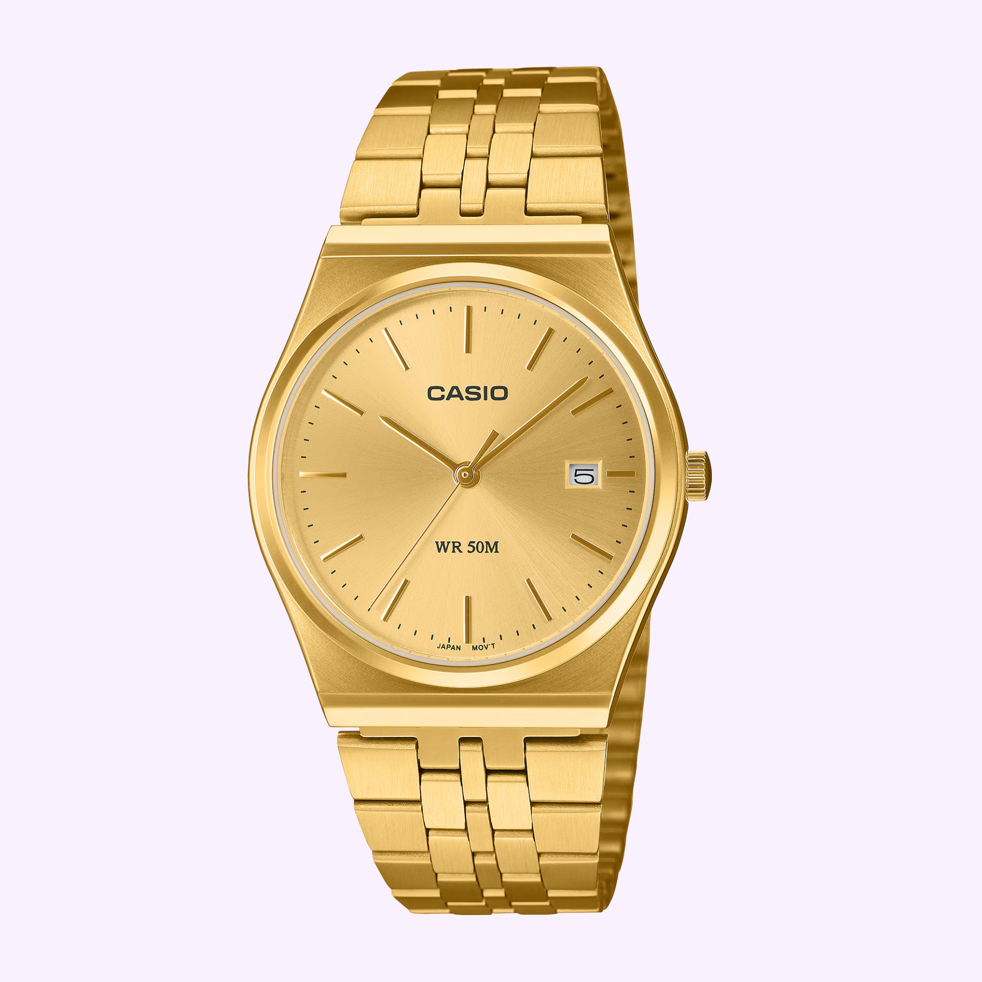 The CASIO Watch ANALOG-DIGITAL 2100 Series MTP-B145GC--9AVCF by G-Shock Watches features a gold metallic band, gold dial, date display at 3 o’clock, WR 50M marking, and simple hour markers, shown on a light purple background.