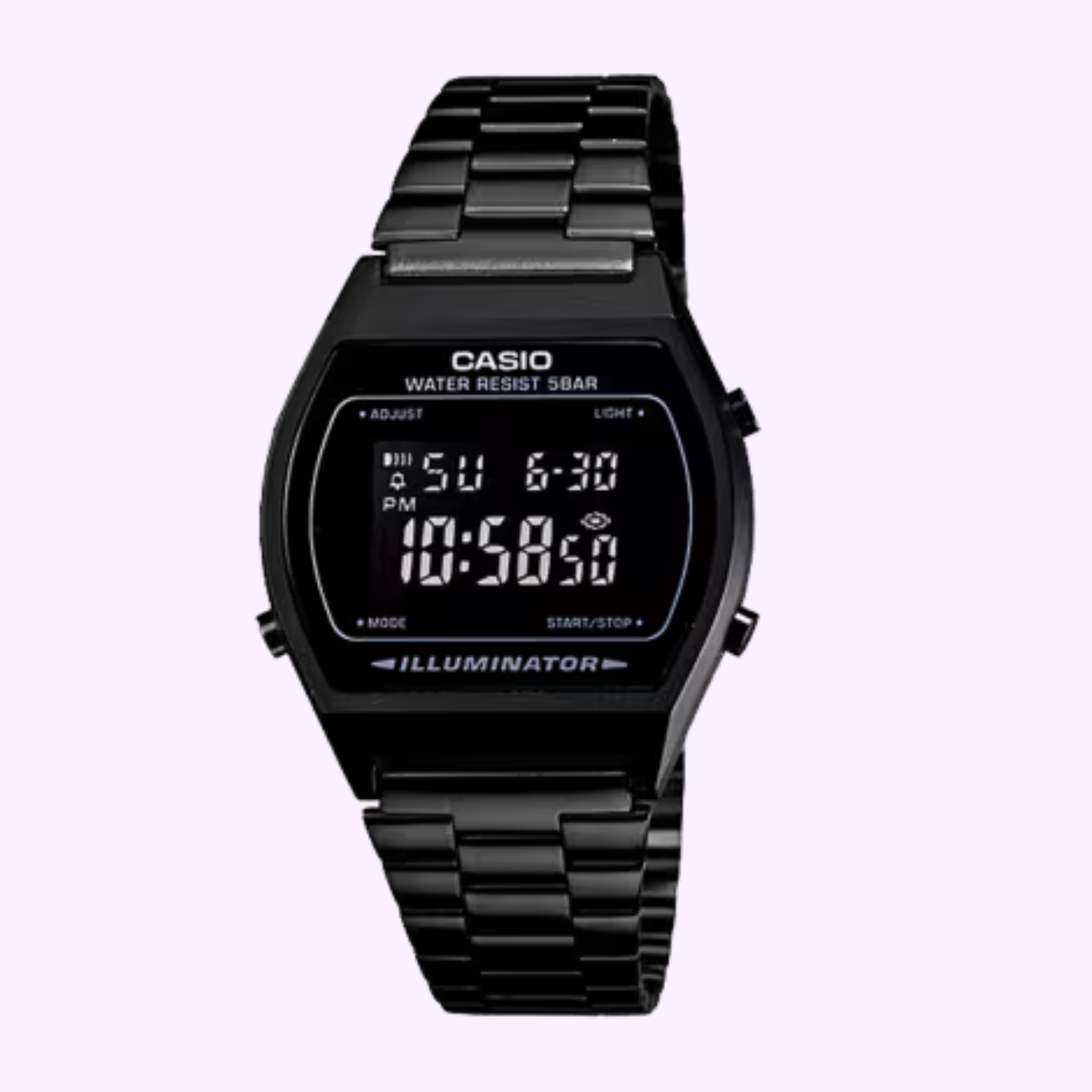 The black G-Shock Watches CASIO B640WB-1BVT features a metal band, rectangular illuminated display showing time, day, and date, plus WATER RESIST 50BAR and ILLUMINATOR text for style and durability.